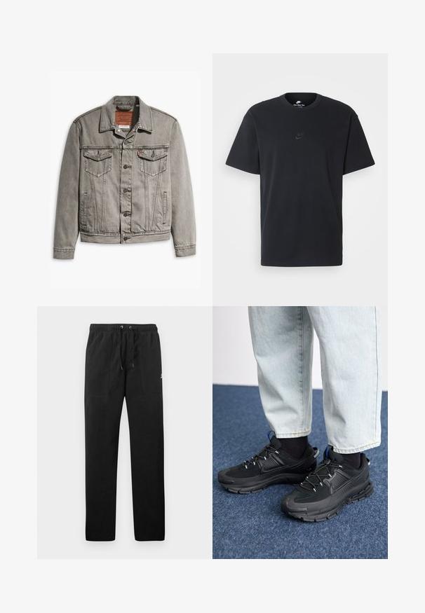 Harmaa farkkutakki, jossa on terävä kaulus, kolme etutaskua, nappilukko ja kontrastiväriset ompeleet hihoissa ja takin päällä.; Nike musta musta T-paita, jossa on klassinen pyöreä kaula-aukko, lyhyet etkä hihat sekä hillitty, kohopainettu logo rinnassa. Silkkinen rakenne.; Mustat collegehousut, jotka on valmistettu fleece-materiaalista ja joissa on joustava vyötärö, jossa on kiristysnyörit, kaksi etutaskua ja pieni logo reidessä.; Mustat urheilukengät, joissa on teksturoitu kangas ja kumipohjat, elastiset nauhat ja sininen yksityiskohta kannassa. Yhdistetty vaaleisiin farkkuihin.