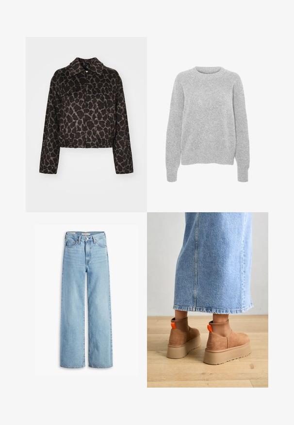 ONLY ONLEMILIA LEO JACKET - Summer jacket - chocolate torte; Gray knitted sweater with long sleeves, round neckline, ribbed cuffs and hem, featuring a soft texture and relaxed fit.; High-waisted, light blue wide-leg jeans with front button and zipper, belt loops, and five-pocket styling.; Brown suede platform boots with elastic side panels and orange pull tabs, paired with a knee-length light denim skirt on a wooden floor.