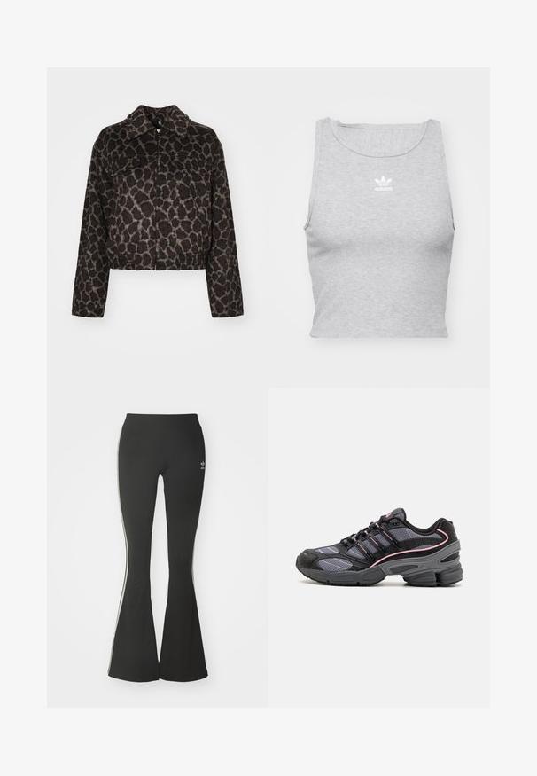 ONLY ONLEMILIA LEO JACKET - Jachetă de vară - chocolate torte; Un top scurt, fără mâneci, de culoare gri, realizat dintr-un material moale, având un gât rotund și un mic logo alb Adidas pe piept.; Colanți negri cu evazare, din material elastic, cu talie înaltă și dungi albe pe laterale. Include un mic logo la talie.; Adidași negri și gri cu panouri din plasă, linii de accent roz și un design cu talpă voluminoasă. Au șireturi și detalii din material texturat.