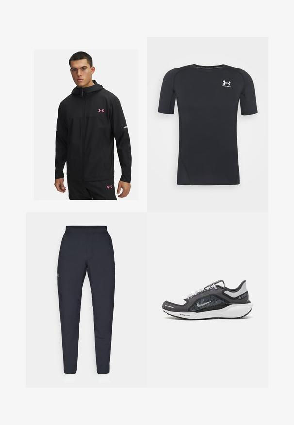 Must musta kapuutsiga jope roosa logoga, ees tõmblukuga, kaks küljetaskut ja peegeldavad aktsendid varrukatel.; Must musta-särk lühikeste varrukatega, valmistatud niiskust eemaldavast, elastsetest kangast. Ümar kaelus ja väikene valge logo rinnal.; Mustad mustreid spordipüksid, millel on sile tekstuur, kitsas lõige, elastne vöökoht ja küljetaskud. Vasakule reiele on tikandatud väike logo.; Mustern ja hallide värvusega spordijalats, millel on võrgusilmast ülemine osa, peegeldavad aktsendid ja valge vaheosa. Omab tekstuuriga kummist välisosa ja kingapaelu.