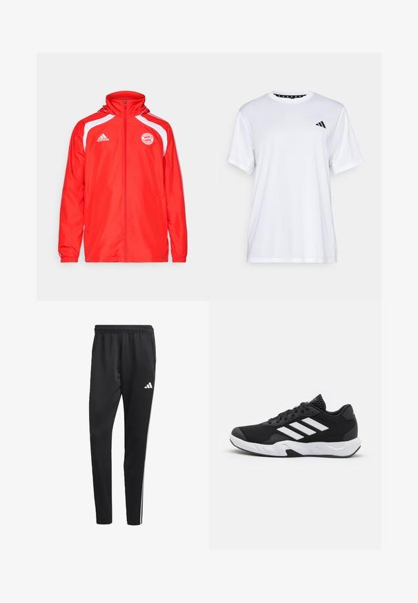 adidas Performance FC BAYERN MUNICH URBAN PURIST WINDBREAKER - Training jacket - red/white; White athletic t-shirt with short sleeves, made from moisture-wicking fabric. Features a black logo on the left chest and a patterned interior neckline.; Black athletic pants with a stretchy waistband, white side stripes, and a small white logo on the thigh. Made from a smooth, lightweight material.; Black athletic shoes with a textured mesh upper, white accent stripes, a cushioned sole, and a reinforced heel for support.