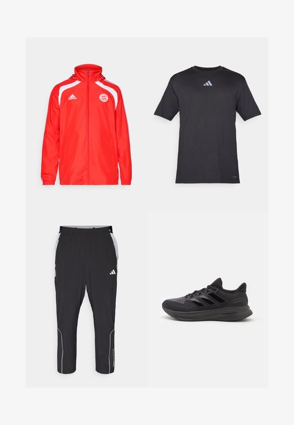 adidas Performance FC BAYERN MUNICH URBAN PURIST WINDBREAKER - Trainingsvest - red/white; Zwarte sportt-shirt met korte mouwen, gemaakt van lichtgewicht stof, met een subtiele reflecterende Adidas-logo op de borst.; Zwarte sportbroek met een elastische tailleband, grijze zijaccenten, witte reflecterende details en 'Climacool' tekst langs het onderbeen.; Zwarte sportschoen met een bovenwerk van gestructureerde stof, rubberen zool en drie glanzende zwarte strepen aan de zijkant. Rondneus en gevoerde hak.