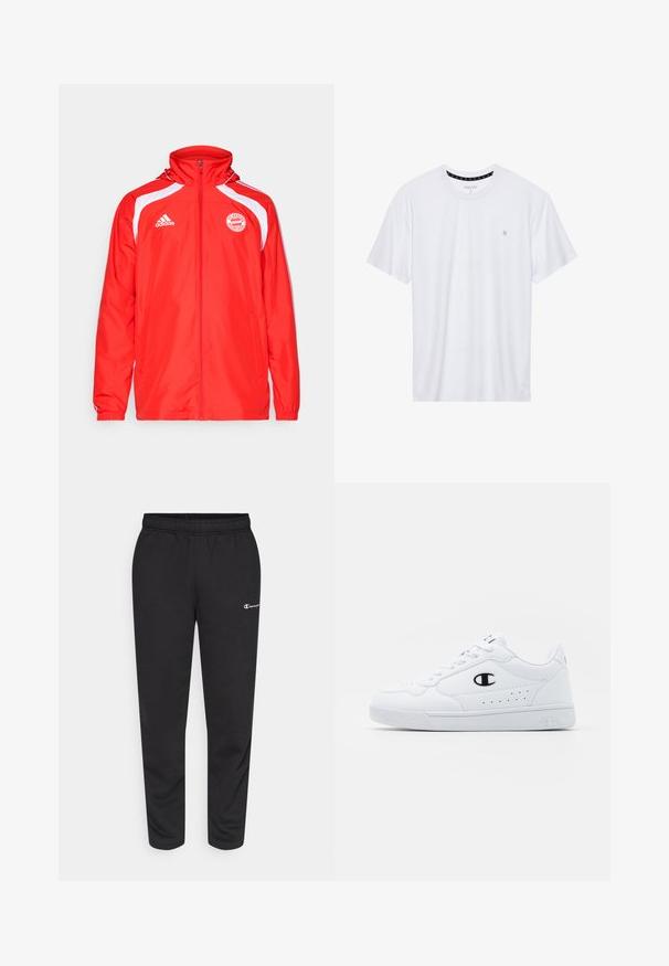 adidas Performance FC BAYERN MUNICH URBAN PURIST WINDBREAKER - Training jacket - red/white; White crewneck t-shirt made of cotton, featuring short sleeves and a small logo embroidered on the left chest area. Soft texture.; Black sweatpants made of cotton blend, featuring an elastic waistband and a small white logo on the left side. Tapered leg design.; White athletic sneakers with a smooth synthetic upper, black logo accent, and perforated detailing on the side. Rubber sole.