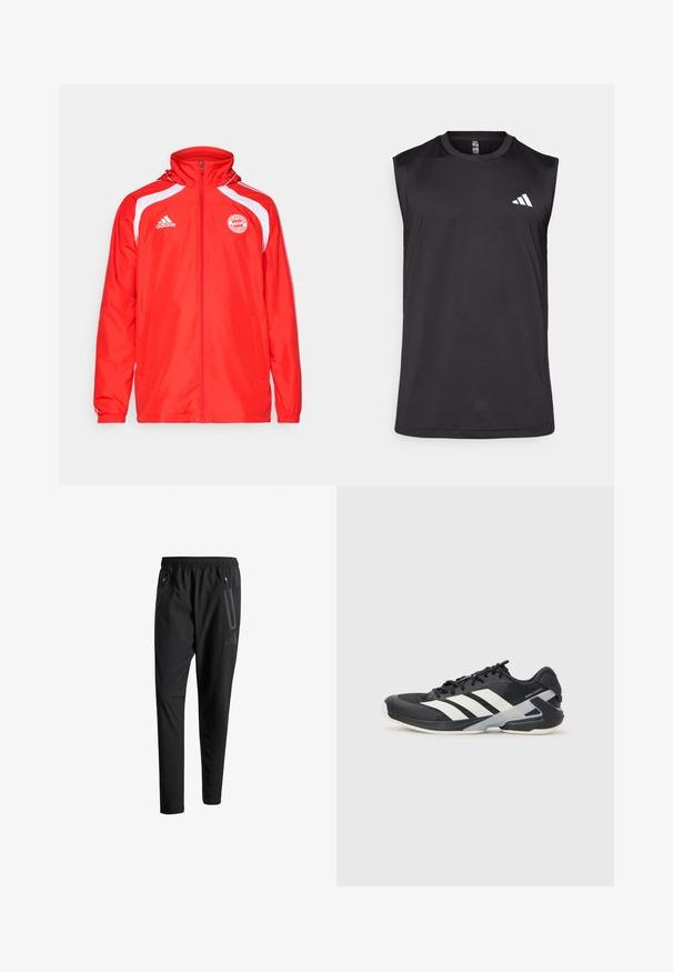 adidas Performance FC BAYERN MUNICH URBAN PURIST WINDBREAKER - Training jacket - red/white; Black sleeveless athletic top made of breathable fabric, featuring a round neckline and a white logo on the upper left side.; Black athletic pants with an elastic waistband, two zippered side pockets, tapered legs, and a subtle logo detail on the hip.; Black athletic shoe with white stripes, mesh upper, rounded toe, and cushioned sole. Features a textured heel and secure lacing system.