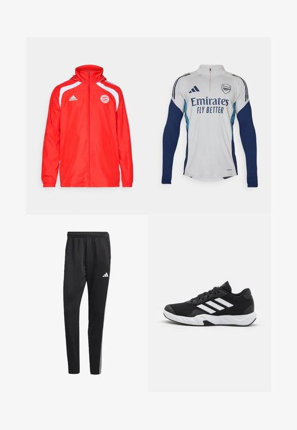 adidas Performance FC BAYERN MUNICH URBAN PURIST WINDBREAKER - Giacca sportiva - red/white; Maglia a maniche lunghe bianca con accenti blu navy, colletto a mezza zip, con il logo "Emirates Fly Better" e il simbolo del club Arsenal.; Pantaloni sportivi neri con una cintura elastica, strisce laterali bianche e un piccolo logo bianco sulla coscia. Realizzati in un materiale liscio e leggero.; Scarpe da ginnastica nere con una tomaia in mesh texturizzata, strisce bianche di accento, suola imbottita e tallone rinforzato per supporto.