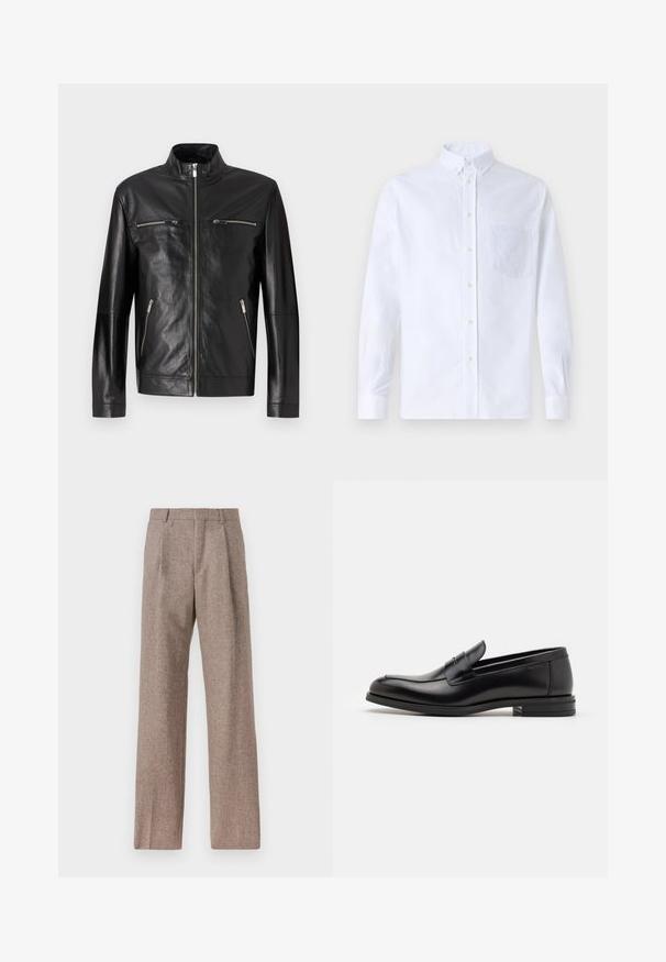 Juodas odinis švarkas su aukšta apykakle, priekyje užtrauktuku ir dviem užtrauktukinėmis krūtinės kišenėmis. Lygus paviršius su minimaliu siuvimo detalių skaičiumi.; Balta ilga rankovė mygtukų marškiniai, pagaminti iš medvilnės, su krūtine kišene ir toniniu siuvinėjimu, apykakle ir mygtukų apvadu.; Rudos, aukšto liemens kelnes, pagamintas iš tekstūruotos medžiagos. Plati kojos, dvi priekinės klostės struktūrai. Tvarkingas apdailos darbai, be matomų detalių.; Juodos odinės loafers, turinčios lygų paviršių, apvalią noselę ir dekoratyvinę juostą per priekinę dalį. Žemas krentantis kulnas, minimalistinis dizainas.
