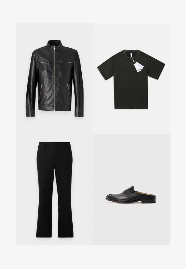 Black leather jacket with a high collar, front zipper, and two zippered chest pockets. Smooth texture with minimal stitching details.; Black short-sleeve cotton T-shirt with round neck and attached white product tags hanging from the collar on a plain white background.; Black flared trousers made of cotton blend fabric, featuring a button closure, belt loops, and a smooth texture with no visible patterns.; Black leather slip-on shoe with a rounded toe, low block heel, and a front strap. Smooth texture with subtle logo detail on the strap.