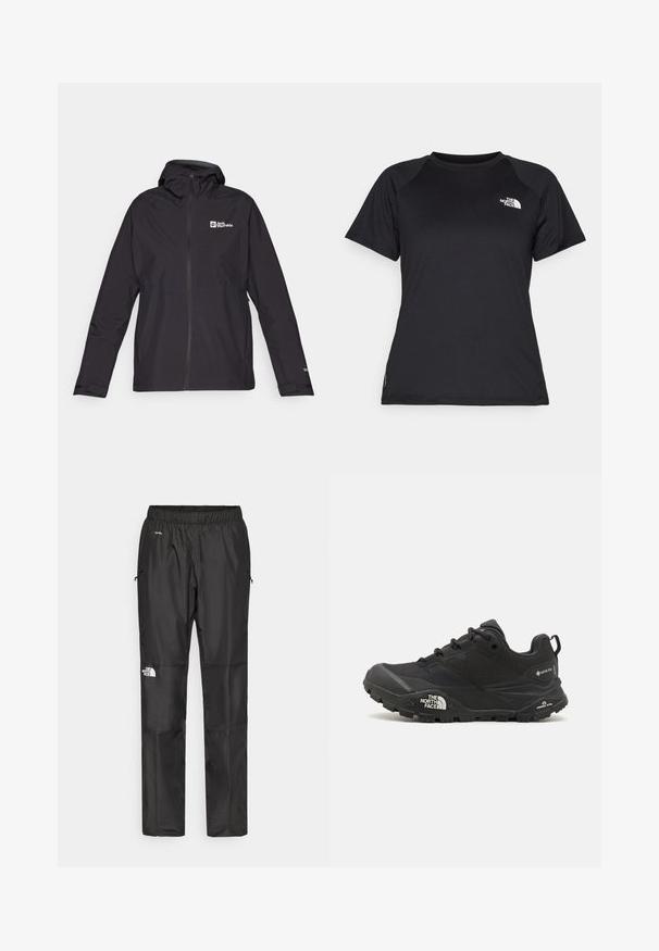 Black waterproof jacket with a hood, zip closure, and logo on the upper left. Features long sleeves and elastic cuffs for fit.; Black short-sleeve athletic t-shirt with crew neck and The North Face logo on the upper left chest.; Black waterproof pants made from lightweight fabric, featuring an elastic waistband, side pockets, and a logo on the left leg.; Black hiking shoe with a textured upper, lace closure, and a chunky rubber sole featuring a prominent logo on the side and tread patterns.