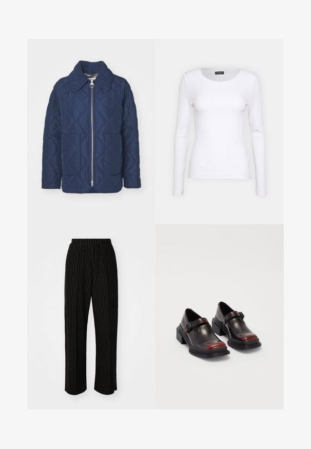 Casaco acolchoado azul-marinho com grande gola, fecho éclair na parte frontal e dois bolsos de remendo. Textura suave com padrão de losangos.; Top branco canelado de mangas longas com um decote redondo. Feito de um tecido elástico que se ajusta ao corpo. Apresenta linhas horizontais sutis.; Calças largas e pretas com riscas verticais brancas, apresentando uma cintura elástica para conforto e uma textura suave e macia.; Sapatos de tacão bloco em couro com acabamento brilhante em bordeaux escuro, apresentando uma tira com fivela e design de bico arredondado. Sola texturizada para melhor aderência.