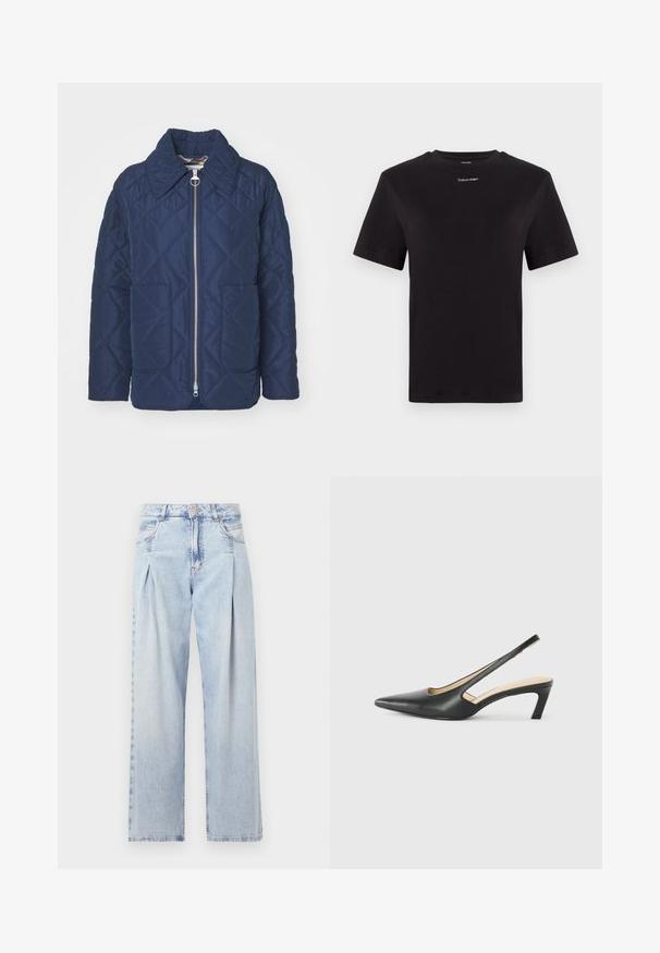 Marineblau gesteppte Jacke mit großem Kragen, Frontreißverschluss und zwei aufgesetzten Taschen. Glatte Oberfläche mit Rautenmuster.; Schwarzes Baumwoll-T-Shirt mit kurzen Ärmeln, Rundhalsausschnitt und kleinem weißen "Calvin Klein"-Logo auf der Brust. Glatte Textur, klassischer Schnitt.; Helle blaue Denim-Jeans mit hoher Taille, weitem Beinschnitt, zwei seitlichen Taschen und gefaltetem Design. Weiche Textur mit einem ausgebleichten Finish.; Schwarzer spitz zulaufender Slingback-Schuh mit niedrigem Absatz, der aus glattem Leder gefertigt ist und seitliche Ausschnitte für Atmungsaktivität aufweist.