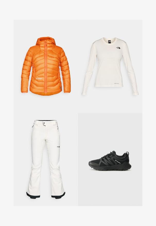 Oranžinė izoliacinė striukė su tinklo raštu, užtrauktuku priekyje ir kapišonu. Su šonine kišene ir logotipo detale apatiniame priekyje.; The North Face SHADOW LONG SLEEVE - Ilgarankovis viršutinės dalies drabužis - white dune; Baltos slidinėjimo kelnės, pagamintos iš minkštos, lankščios medžiagos. Yra prigludusi juosmens dalis, plačios išsiplėtusios kojų dalys ir juodo atvarto detalės ant kelnių apačios. Matomas prekės ženklo logotipas.; Columbia PEAKFREAK - Turistiniai batai - black