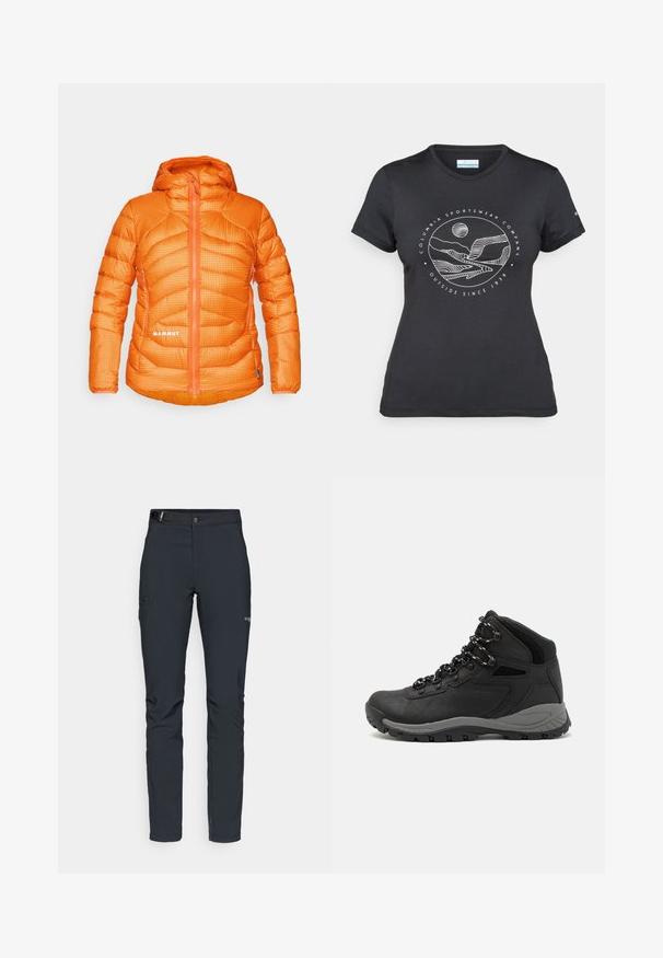 Oranžs izolēts mētelis ar režģa rakstu, ar rāvējslēdzēja priekšpusi un kapuci. Iekļauts sānu kabata un logo detalizācija apakšējā priekšpusē.; Melnā Columbia T-kreklā ar baltu apļa kalnu un upes kontūru mākslu, kā arī tekstu "Columbia Sportswear Company Outside Since 1938."; Vīriešu āra bikses, tumši pelēkā krāsā, izgatavotas no elastīga materiāla, ar jostu, kabatām ar rāvējslēdzēju un pastiprinātām šuvēm.; Melni pārgājienu zābaki ar vidēju augstumu, ar teksturētu augšdaļu, pelēkiem akcentiem un izturīgu gumijas zoli ar saķeres izvirzījumiem.