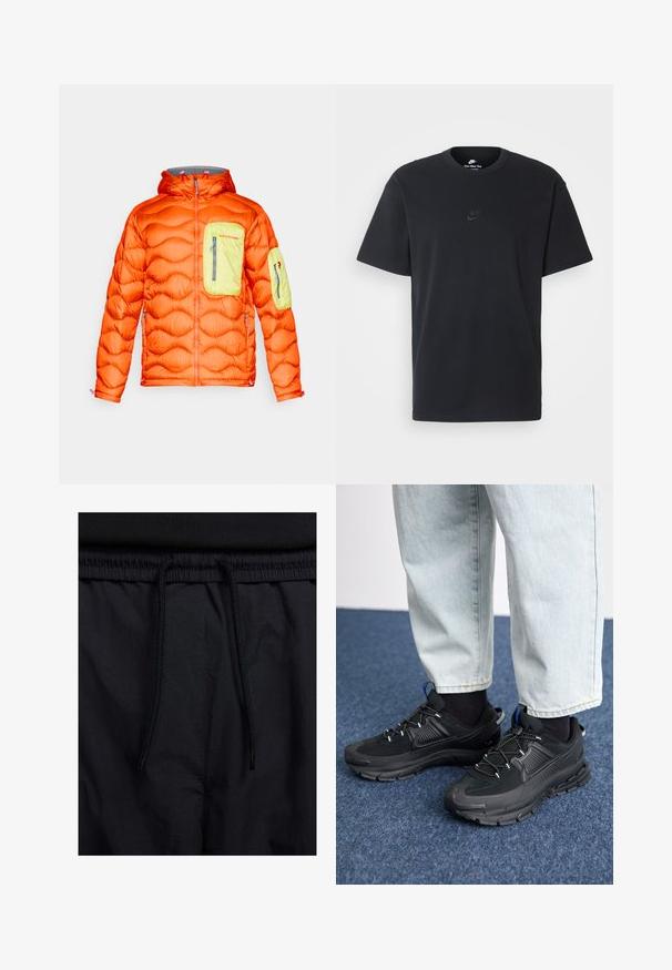 Jachetă portocalie pufos cu glugă gri, având un buzunar pe piept de culoare verde lime și un buzunar pe braț. Sistem de închidere cu fermoar și izolație texturată.; Tricou din bumbac negru Nike, cu guler rotund clasic, mâneci scurte și un logo subtil embosat pe piept. Textură netedă.; Șorturi negre cu un brâu reglabil, dintr-un material ușor cu o textură netedă și un design simplu, fără logo-uri sau modele vizibile.; Pantofi sport negri, cu țesătură texturată și tălpi din cauciuc, având șireturi elastice și un accent albastru pe toc. Purtați cu pantaloni din denim deschis.