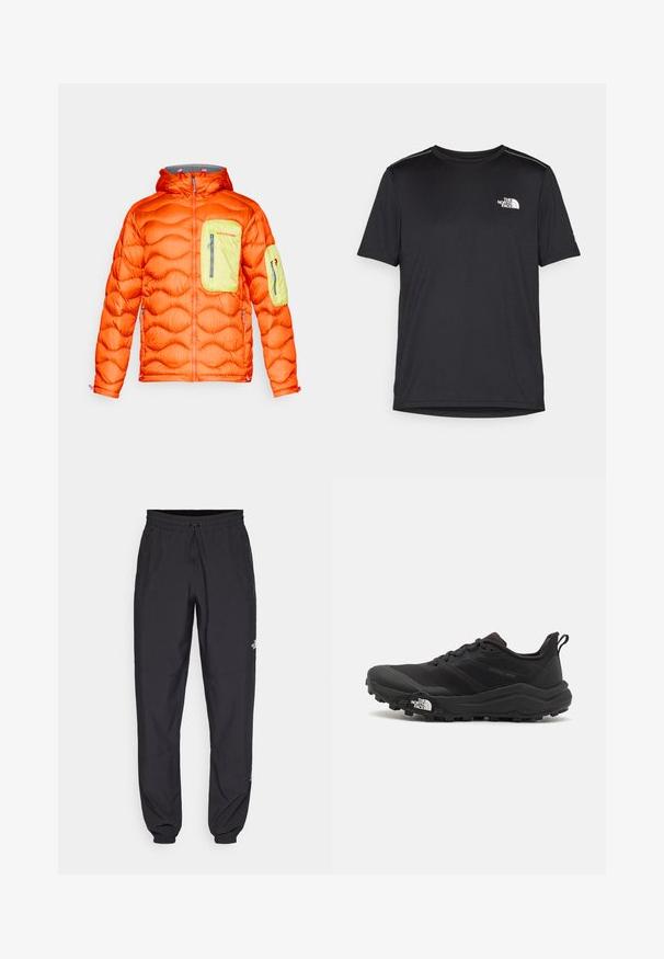 Puchowa pomarańczowa kurtka z szarym kapturem, z limonkową kieszenią na piersi oraz kieszenią na ramieniu. Zamek błyskawiczny oraz teksturowana izolacja.; Czarny t-shirt z krótkim rękawem, wykonany z lekkiego materiału. Posiada małe białe logo na lewej piersi oraz subtelne akcenty na ramionach.; Czarne spodenki sportowe wykonane z lekkiego materiału, z elastycznym pasem na sznurek, bocznymi kieszeniami i zwężanymi mankietami przy kostkach.; Czarne buty do biegania w terenie z teksturowaną cholewką, gumową podeszwą i wzmocnionym noskiem. Posiadają wyściełany kołnierz oraz uchwyt do łatwego zakładania.