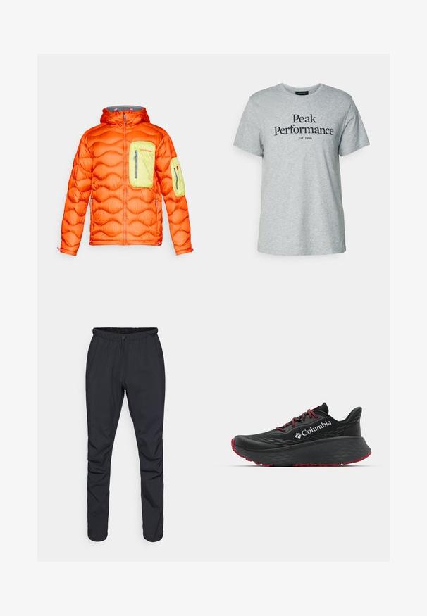Puffet orange jakke med grå hætte, der har en limegrøn brystlomme og en lomme på armen. Lynlåslukninger og tekstureret isolering.; Grå bomulds T-shirt med korte ærmer og rund halsudskæring, med sort tekst der siger "Peak Performance Est. 1986" på forsiden.; Sorte letvægtsbukser med elastisk talje, snørelukning og tapered ben. Fremstillet af vandafvisende materiale med en glat tekstur.; Sort atletisk sko med struktureret overdel, røde snørebånd og logo. Tykk sål med mønstret bund for godt greb. Minimalistisk design, set fra siden.