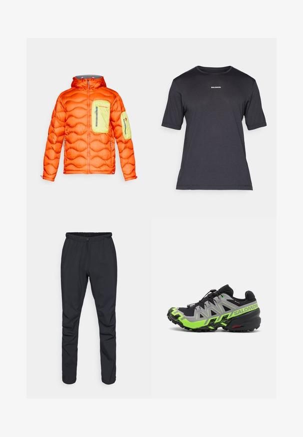 Giacca arancione puffy con cappuccio grigio, dotata di una tasca sul petto verde lime e di una tasca sulla manica. Chiusure con zip e isolamento testurizzato.; Maglietta performance nera a maniche corte realizzata in tessuto traspirante, con colletto a girocollo e piccolo logo bianco "SALOMON" sul petto.; Pantaloni leggeri neri con cintura elastica, chiusura con cordoncino e gambe affusolate. Realizzati in materiale idrorepellente con una texture liscia.; Scarpe da trail running nere e grigie con dettagli verde brillante, dotate di una suola testurizzata, un sistema di allacciatura avanzato e un design robusto.