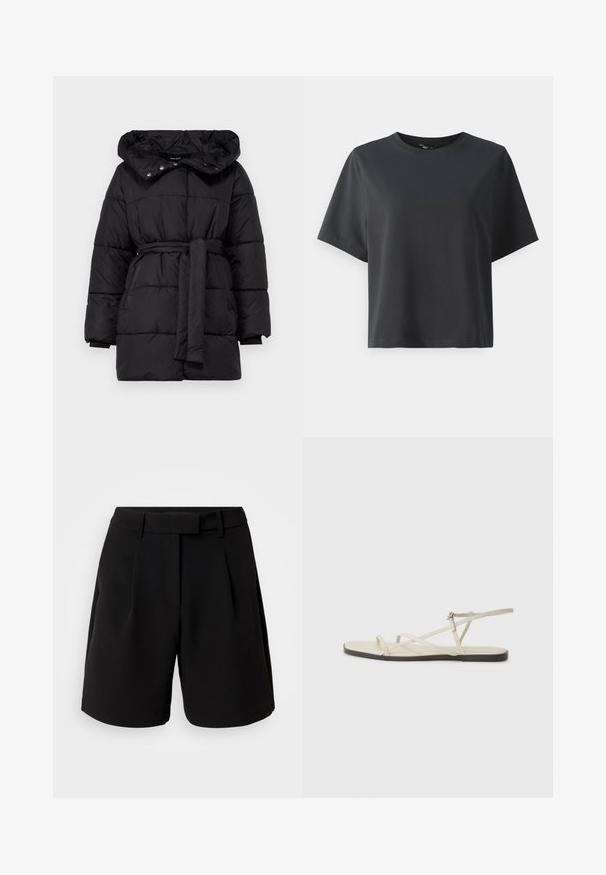 Melnīgs pūkains jaka ar noņemamu kapuci, jostasvietu un lielām pildījuma daļām. Aprīkota ar spiedpogām un elastīgiem pielietojumiem.; Melnas kokvilnas t-krekls, īsām piedurknēm, apaļš kakls, brīvs piegriezums, gluda tekstūra, vienkāršs dizains, bez rakstiem vai akcentiem.; Melnas piegriezuma šortus, izgatavotus no gludas auduma, ar augstu jostasvītru, krokām, jostas cilpām un sānu kabatām, ar skaidru un vienkāršu dizainu.; Bežīgas plakanas čības ar vairākiem plāniem siksniņām un regulējamu sprādzi. Zole ir plakana ar nelielu tumšu kontrastu malā.