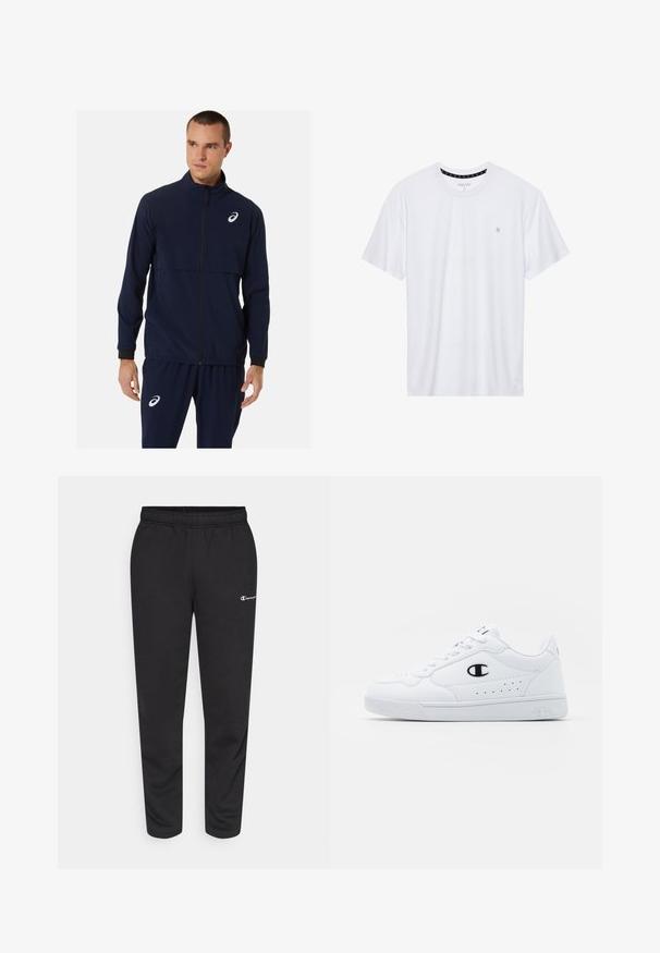 ASICS MEN MATCH JACKET - Sportinė striukė - midnight; Balta apvalios kaklo marškinėliai, pagaminti iš medvilnės, su trumpomis rankovėmis ir mažuoju logotipu, išsiuvinėtu kairėje krūtinės pusėje. Minkštas audinys.; Juodos medvilnės mišinio sportinės kelnės, su elastine juosta ir maža balta logo kairėje pusėje. Šlaunies siaurinimo dizainas.; Baltos sportinės kedai su lygiu sintetinės medžiagos viršumi, juodu logotipo akcentu ir perforuotomis detalėmis šonuose. Gumos padas.