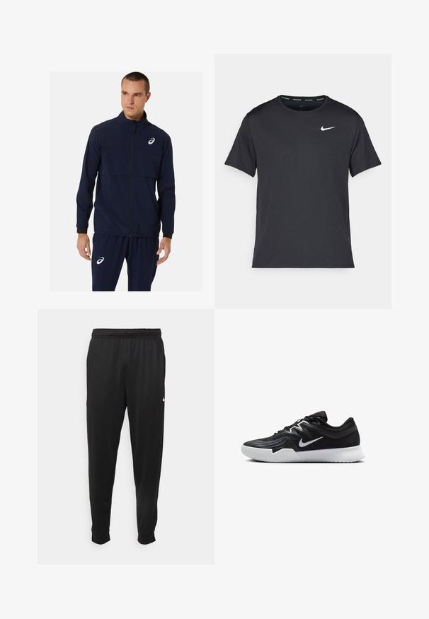 ASICS MEN MATCH JACKET - Training jacket - midnight; Black Nike running T-shirt made of lightweight, breathable material, featuring short sleeves and a small white logo on the chest.; Black athletic pants made of smooth fabric, featuring an elastic waistband, tapered legs, and a small white logo on the left side.; Black athletic shoe with a textured upper, white Nike swoosh, and a white rubber outsole. Features a lace-up design and dynamic shape.