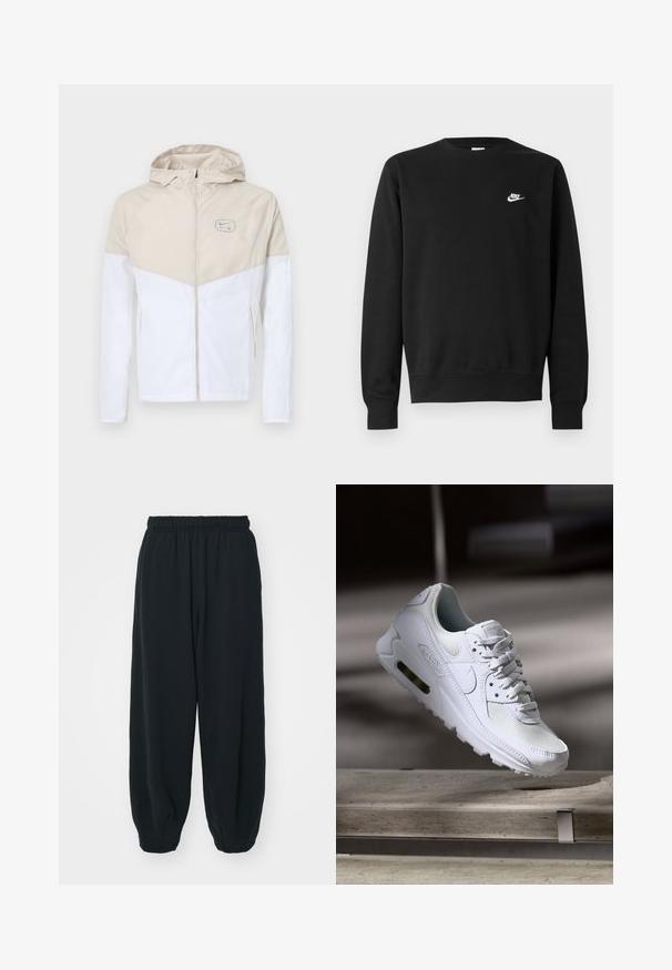 Lagana jakna s bežim gornjim dijelom i bijelim donjim dijelom, s patentnim zatvaračem sprijeda, kapuljačom i logotipom u kontrastnoj boji. Glatka tekstura.; Crna majica s kapuljačom od pamuka, s okruglim izrezom, dugim rukavima i malim bijelim Nike logotipom na gornjem lijevom dijelu prsa.; Crne, dukserice s elastičnim strukom, širokog kroja, s manžetama na gležnjevima, glatke teksture i bez vidljivih uzoraka ili metalnih detalja.; Bijela Nike Air Max 90 tenisica s gornjim dijelom od mrežice i kože, perforiranim prstima i vidljivom zračnom jedinicom u peti.