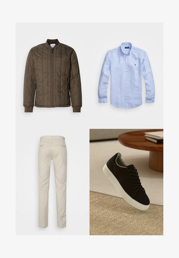Bomba jakna s kvadraticama v temno olivno zeleni barvi, ki ima zadrgo spredaj, rebraste manšete in dva stranska žepa. Gladek, lahkoten material.; Modra in bela prugasta srajca z dolgimi rokavi iz bombaža, s kragnico na gumb, sprednjimi gumbi in majhnim izvezenim logotipom na prsih.; Bež hlače z gladko teksturo, ravnega kroja, dvema zadnjima žepoma z gumbi in standardnim pasom.; Črni športni copat z belim podplatom lebdi nad bež teksturiranim preprogam blizu okroglega lesenega mize z zloženimi knjigami.