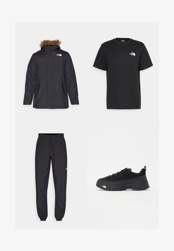 Parka negra de invierno con capucha forrada de piel, bolsillos laterales con cremallera y un logo en el pecho, que cuenta con una superficie exterior suave.; Camiseta de algodón negro con mangas cortas, cuello redondo y un pequeño logo blanco en el lado izquierdo del pecho. Diseño simple, textura suave y ajuste relajado.; Pantalones deportivos negros hechos de un tejido ligero, con una cinturilla ajustable, bolsillos laterales y puños ajustados en los tobillos.; Zapatilla negra de exterior con parte superior de ante, suela de goma texturizada y un sólido sistema de cordones. Cuenta con un talón reforzado y el logotipo de la marca en el lateral.