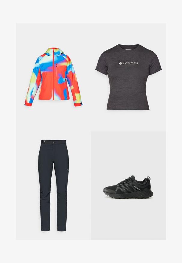Χρωματιστό αδιάβροχο μπουφάν με κουκούλα, με ανάμιξη αφηρημένων σχεδίων σε κόκκινο, μπλε και κίτρινο, και μπροστινή κλείσιμο με φερμουάρ.; Σκούρο γκρι κοντομάνικο μπλουζάκι φτιαγμένο από υφαντό ύφασμα με στρογγυλή λαιμόκοψη, που διαθέτει το λογότυπο Columbia σε λευκό χρώμα στο στήθος.; Ανδρικά παντελόνια εξωτερικών δραστηριοτήτων, σκούρο γκρι, φτιαγμένα από ευέλικτο υλικό, με ζώνη, τσέπες με φερμουάρ και ενισχυμένες ραφές.; Columbia PEAKFREAK - Παπούτσια πεζοπορίας - black