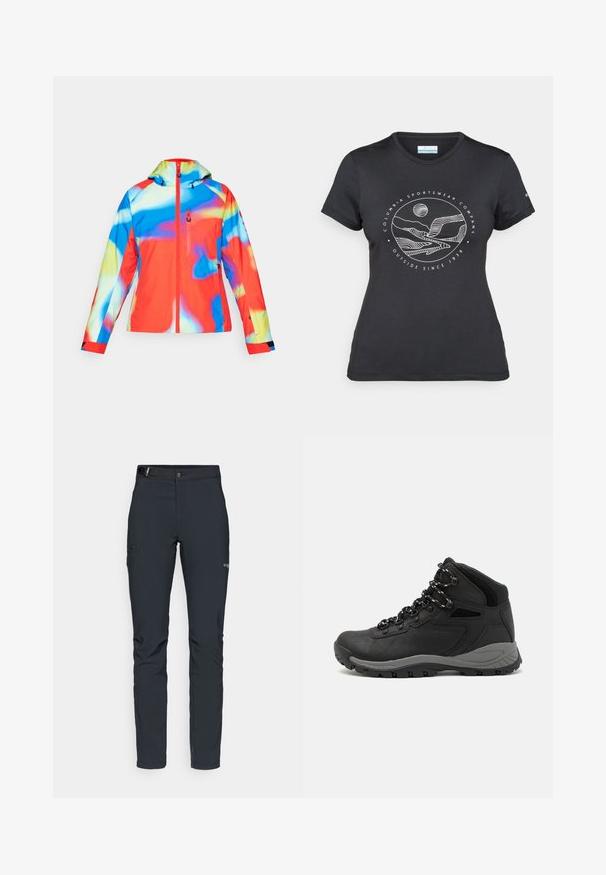 Färgglad vattentät jacka med huva, som har en blandning av abstrakta mönster i rött, blått och gult, samt dragkedja fram.; Svart Columbia-t-shirt med vit cirkulär linjekonst av berg och flod samt texten "Columbia Sportswear Company Outside Since 1938."; Herrernas utomhusbyxor, mörkgrå, tillverkade av flexibelt material, med ett bälte, zip-fickor och förstärkt sömnad.; Svart vandringskänga med mellanhög design, som har en texturerad överdel, grå accenter och en slitstark gummisula med greppklackar.