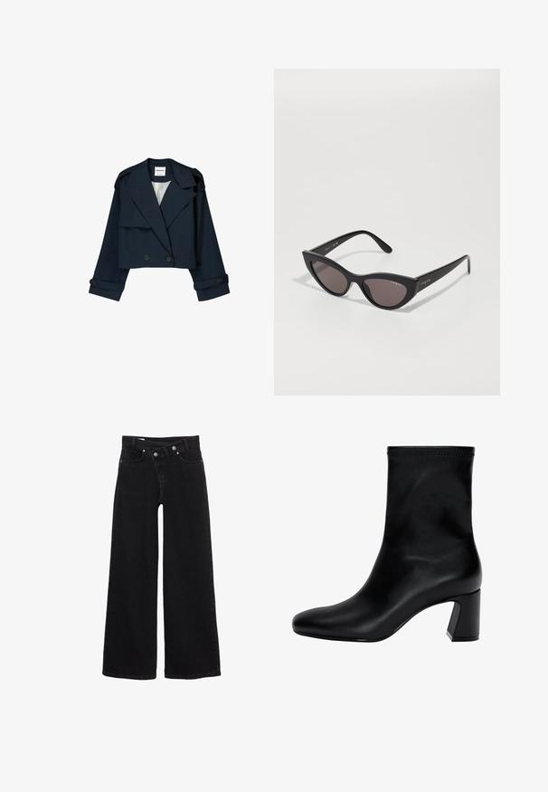 Jachetă cropt de marină cu un front cu două rânduri de nasturi, rever mari și accente cu nasturi. Prezintă o textură netedă și mâneci lungi cu mansete.; Pulover tricotat negru cu mânecă lungă, guler rotund, manșete și tivș ribetate și lungime scurtă.; Jeans negri cu talie înaltă, cu picioare largi, dotate cu buzunare frontale, bucle pentru brâu și închidere cu două butoane.; Cizmă neagră până la gleznă, fabricată din piele netedă. Prezintă un vârf pătrat, partea de sus elastică și un toc masiv pentru stabilitate. Design minimalist.; Ochelari de soare cu formă de cat-eye, cu o ramă neagră mată și lentile închise la culoare, având logo-ul "vogue" pe lateral și o formă unghiulară distinctivă.; Even&Odd Geantă de mână - black