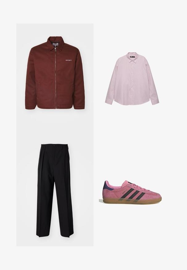 Giacca borgogna realizzata in tessuto resistente, dotata di chiusura con zip, collo a punta, tasche frontali e un discreto logo sul lato sinistro del petto.; Camicia button-up rosa chiaro con strisce blu verticali, colletto, maniche lunghe e vestibilità ampia. Realizzata in un tessuto morbido con una leggera lucentezza.; Pantaloni neri a pieghe con un design dritto e gamba larga. Realizzati in tessuto morbido, con chiusura a bottone e passanti per cintura.; Sneaker in suede rosa con strisce nere, suola in gomma e tallone texturizzato viola. Presenta un design con lacci e un marchio in rilievo sul lato.
