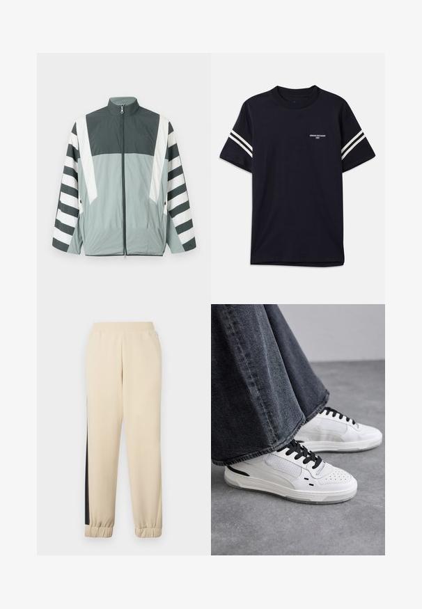 Gaisma zip-up jaka ar pelēko un balto krāsu bloku dizainu un drosmīgām svītrām uz piedurknēm. Izgatavota no gluda, izturīga auduma.; Kreklu tumši zilā krāsā, izgatavots no kokvilnas, ar apaļu kakla izgriezumu, īsām piedurknēm un baltajām svītrām uz pleciem, ar drukātu logotipu uz krūšu daļas.; Krēmkrāsas sporta bikses ar melnām sānu joslām, elastīgu jostasvietu un ribotu piedurkni. Mīksta auduma, ar brīvu piegriezumu.; Baltas sneakers ar melnām auklām un sieta detaļām. Iekļauj gludu ādas virsu un strukturētu gumijas zoli. Pāris ar platām pelēkām džinsām.