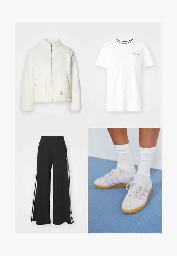 Giacca in pile bianca con colletto strutturato, chiusura con zip e due tasche anteriori. Presenta una texture morbida e pannelli sulle spalle a contrasto.; T-shirt bianca in cotone con maniche corte e scollatura rotonda. Presenta un logo Adidas nero sul petto e un colletto interno a contrasto nero.; Pantaloni in felpa neri a gamba larga con vita elastica, dotati di strisce bianche sui lati e un logo ricamato sulla coscia sinistra.; Sneaker in suede grigio chiaro con tre strisce lilla, suola in gomma naturale, lacci piatti e calzini bianchi a costine. Ambientate su uno sfondo blu.