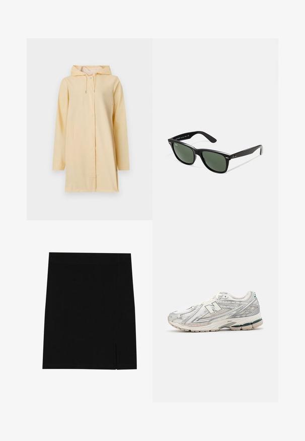 Gele waterdichte regenjas met een capuchon, voorrits en knoopsluiting; heeft twee zijzakken en een relaxte pasvorm. Gladde textuur.; Grijze gebreide trui met een ronde hals, verlaagde schouders en geribbelde boorden. Zachte textuur en een losse pasvorm. Geen patronen of accenten.; Zwarte mini rok gemaakt van zachte stof met een aansluitend ontwerp, met een lichte inkeping aan de zijkant voor extra detail.; Hardloopschoenen met een zilver-witte mesh bovenkant en een groene accent. De zool is dik en gestructureerd, ontworpen voor demping en ondersteuning.; Zwarte plastic zonnebril met groene lenzen, vierkante montuur, zilveren accent op de wenkbrauw en een gestructureerde tempel. Merken vermeld op de binnenkant van de arm.