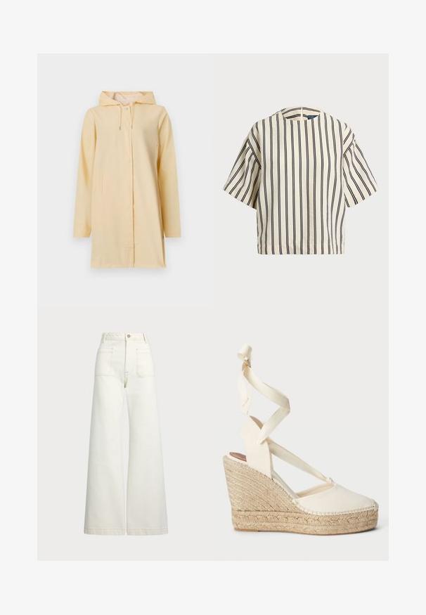 Geltonas atsparus vandeniui lietpaltis su gobtuvu, priekiniais užtrauktukais ir sagčių uždarymu; turi dvi šonines kišenes ir laisvą siluetą. Lygus tekstūra.; Kreminės ir tamsiai mėlynos juostelės trumpų rankovių marškinėliai, turi apvalų iškirpimą ir dėžutės tipo dizainą, pagaminti iš tekstūruotos medžiagos.; Plati kojinės džinsai of white denimo. Aukštas liemuo, su mygtuko uždarymu, dviem priekinėmis kišenėmis ir kontrastingai siuvinėjimu.; Kreminės espadrilės pakulnės sandalai su kryžminėmis kanopinėmis juostelėmis ir nertos jūros žolės padu, turintys apvalią nosį ir tekstūruotą paviršių.
