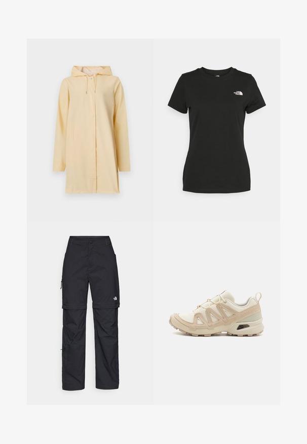 Gele waterdichte regenjas met een capuchon, voorrits en knoopsluiting; heeft twee zijzakken en een relaxte pasvorm. Gladde textuur.; Zwarte katoenen t-shirt met een ronde hals en korte mouwen. Opvallend wit logo op de bovenlinker kant. Soepele textuur, casual pasvorm.; Zwarte nylon cargo broek met afneembare pijpen, verstelbare manchetten, meerdere zakken en een logo op het rechterbeen. Gladde, lichte textuur.; Beige en crème sportschoen met een textuur-mesh bovenwerk, ondersteunende overlays en een rubberen zool met een profielpatroon voor grip.