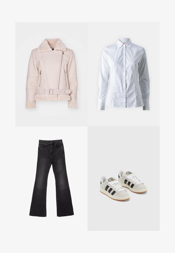 ONLY ONLAGNETE - Kunstlederjacke - pumice stone; Weißes Hemd mit langen Ärmeln, Punktkragen, taillierter Passform, glattem Baumwollstoff und Knopfverschluss vorne.; Schwarze, ausgestellte Denim-Jeans mit rohem Saum, ausgestattet mit einem Fünf-Taschen-Design und einem Knopfverschluss. Hergestellt aus einem robusten, strukturierten Stoff.; Graue Wildledersneaker mit weißen Schnürsenkeln, schwarzen Streifen und einer weißen Gummisohle. Merkmale sind ein kreisförmiges Logo auf der Zunge und eine Gummisohle.