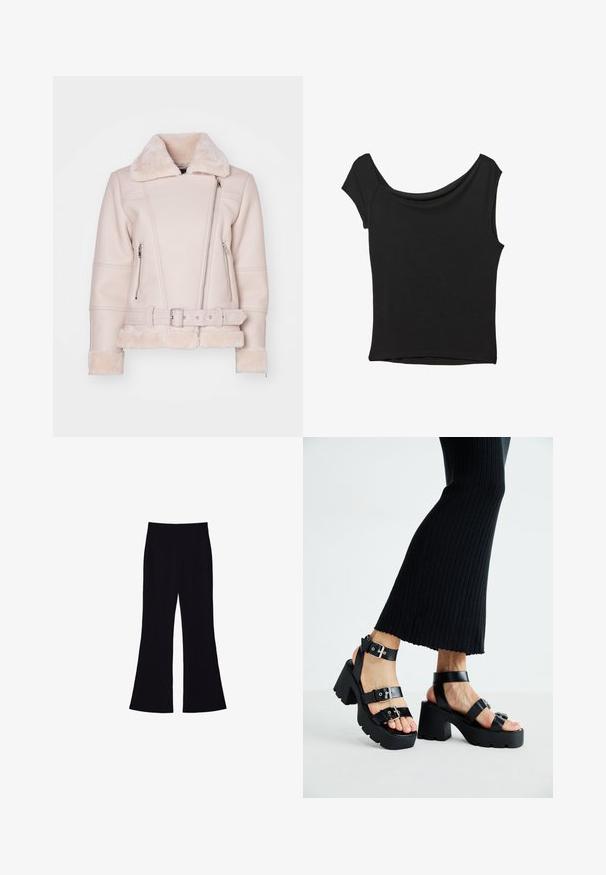 ONLY ONLAGNETE - Bunda z nepravej kože - pumice stone; Čierny krátky rukáv top vyrobený z hladkej tkaniny; má prehnutý výstrih a asymetrický lem, s priliehavým telom.; Čierne široké nohavice s vysokým pásom a bez viditeľných vreciek alebo gombíkov, zobrazené na bielom pozadí.; Čierne platformové sandále s robustnými, zúbkovanými podrážkami a viacerými popruhmi, s kovovými prackami a hladkým textúrou pripomínajúcou kožu.