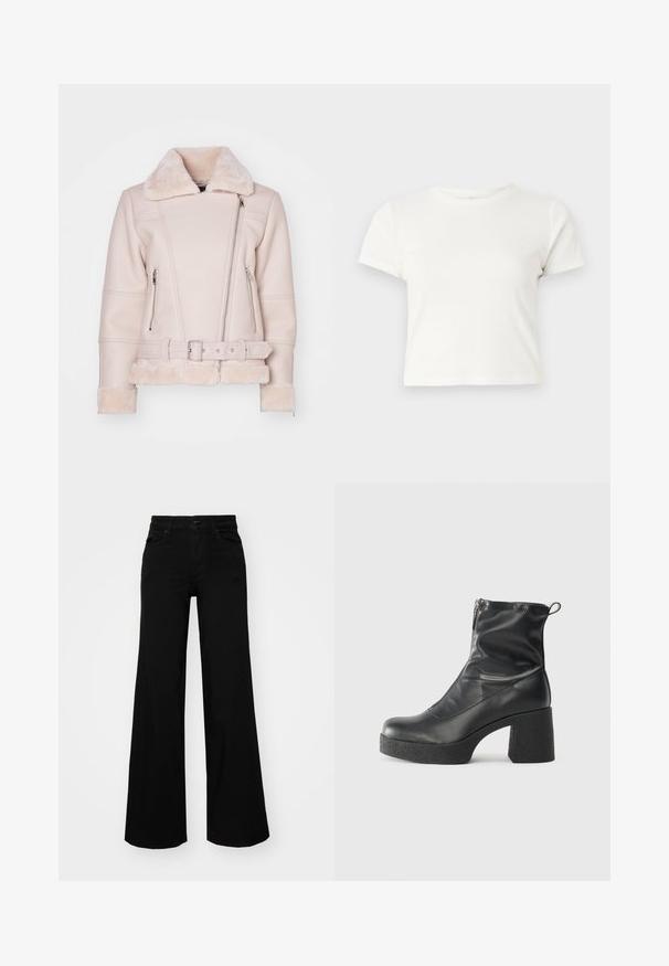 ONLY ONLAGNETE - Casaco de pele sintética - pumice stone; T-shirt branca curta feita de algodão, com mangas curtas, um decote redondo e uma bainha reta, apresentando uma textura suave e um design minimalista.; Calças largas pretas em denim, com uma cintura estruturada, passantes para cinto e bolsos frontais. Textura suave com um design clássico.; Botas de tornozelo pretas feitas de couro liso, com fecho lateral, salto grosso texturizado e design de bico arredondado.