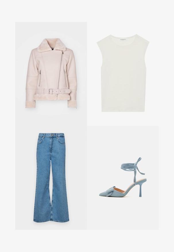 ONLY ONLAGNETE - Kunstnahast jakk - pumice stone; Valge ilma varrukateta topp ümmarguse kaelusega. Valmistatud siledast kangast, sellel on mugav lõige ja minimalistlik disain. Ei ole mustreid ega aksessuaare.; Heledad sinine flared teksade rõivad, millel on kõrge talje, viis taskut ja üks nupulukk. Pehme tekstuur ja pleekinud viimistlus.; Kitsas varbaga kõrge kontsaga kingad helesinisest kangast, millel on tekstuuriga viimistlus, kaunistatud paeltega ja pahkluuringiga, tagamaks kindlat sobivust.