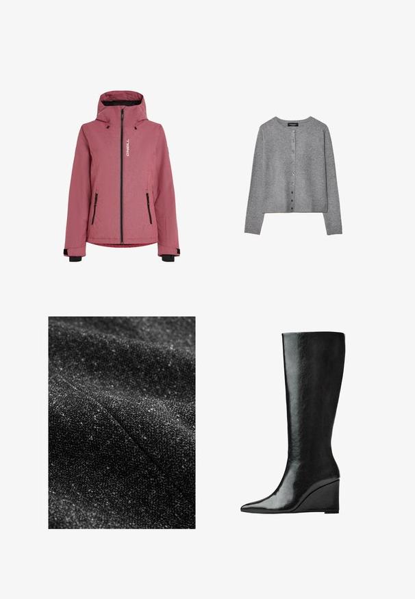 Red textured jacket with a hood, front zipper closure, black accents, and two zippered pockets. Features brand logo on the chest.; Grey long-sleeve button-up cardigan with round neckline, ribbed cuffs, and hem, displayed flat on white background.; Long-sleeve, crew neck top in cream color made from soft fabric. Features a straight cut and minimalistic design without embellishments.; Black textured fabric with interwoven lighter flecks, showcasing a soft, woven appearance and a subtle, varied pattern.; Knee-high black leather boots with a sleek, pointed toe and a wedge heel. The surface is smooth with a glossy finish.