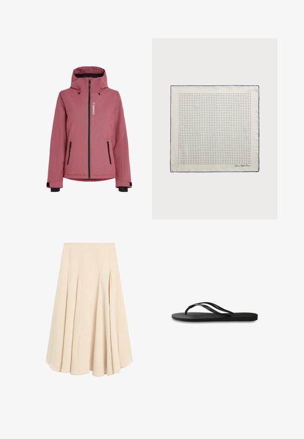 Czerwona kurtka teksturowana z kapturem, z przodu na zamek, czarnymi akcentami i dwoma kieszeniami na zamek. Posiada logo marki na klatce piersiowej.; Szara, oversize koszulka z bawełny, z okrągłym dekoltem, krótkimi rękawami oraz nadrukowanym w granatowym kolorze logo "BALL THE JEANS".; Beżowa spódnica midi w kształcie litery A z plisami, wykonana z lekkiego materiału, z gładką talią i rozkloszowanym dołem.; Czarne klapki z teksturowaną gumową podeszwą, dwiema smukłymi paskami oraz subtelnym, wytłoczonym logo na pasku.; Jedwabny szalik w kremowym kolorze z granatową ramką, ozdobiony równomiernie rozmieszczonymi granatowymi kropkami tworzącymi wzór. Sygnatura nadrukowana w rogu.