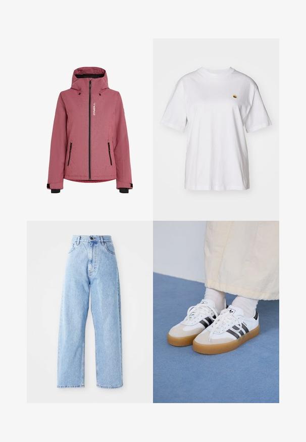 Punane tekstuuriga jakker, millel on kapuuts, esine lukuga sulgemine, mustad aktsendid ja kaks lukuga taskut. Rinnal on brändi logo.; Valge puuvillane T-särk, millel on lõdva lõikega, lühikesed varrukad ja väike broderi logo vasakul rinnakarpi.; Kõrge vöökoht, helesinised teksased sirgete laiade jalgadega, ees nupuvajutus, lukuga sulgemine ning ees ja taga taskud.; Valged tossud mustade triipudega ja beeži nahaga aktsentidega. Omavad tekstuuriga kummist talla ja lamedaid valgeid paelu, kantud heledate sokkidega.