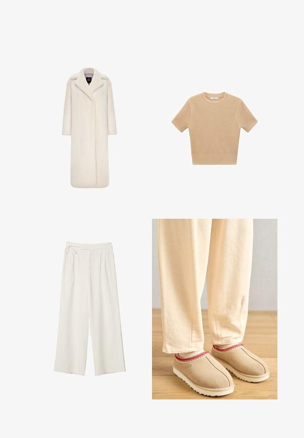 Duga, kremasta umjetna krzna jakna s izrezanim ovratnikom, dugim rukavima i otvorenim prednjim dizajnom. Mekana tekstura i silueta punih dužina.; Bežani pleteni kratki pulover s kratkim rukavima i okruglim izrezom, s reljefnim uzorkom i rebrastim rubom. Jednostavan, prilagođen dizajn.; Hlače širokih nogavica od off-white tkanine s glatkom teksturom. Imaju vezani struk i naborani prednji dio, dizajnirane za opuštenu prilagodbu.; Svijetlosmeđi suede klompe s crvenim dekorativnim rubom i bijelim gumenim potplatom, u kombinaciji sa svijetlosmeđim hlačama, postavljene na drveni pod.