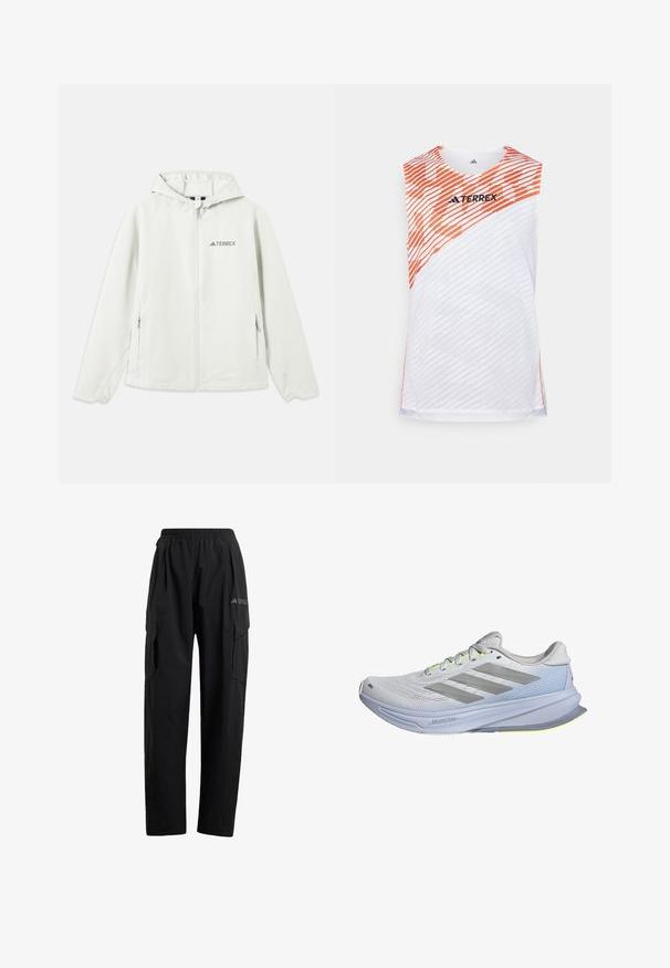Jasnoszara kurtka z kapturem na zamek, z elastycznymi mankietami, dwoma bocznymi kieszeniami oraz logo "TERREX" nadrukowanym na lewej piersi. Materiał wodoodporny.; Biała bezrękawnik sportowy z pomarańczowymi ukośnymi pasami, teksturowana powierzchnia i logo "TERREX" na górze z przodu.; Czarne spodnie cargo z elastycznym pasem, dwoma kieszeniami bocznymi i lekko zwężanym krojem nogawki. Wykonane z lekkiego materiału.; Buty biegowe z lekką siateczką w kolorze białym, akcentowane szarymi paskami. Podeszwa ma delikatny łuk i neonowe żółte akcenty.
