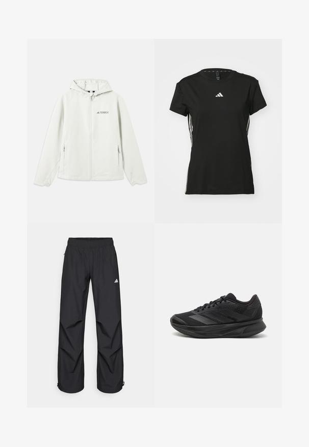Giacca a vento grigia chiara con cappuccio, chiusura con zip, polsini elasticizzati, due tasche laterali e il logo "TERREX" stampato sul lato sinistro del petto. Materiale impermeabile.; Maglietta sportiva nera a maniche corte, realizzata in materiale sintetico. Presenta un piccolo logo bianco sul petto e strisce bianche sui lati.; Pantaloni neri, leggeri, impermeabili, con vita elasticizzata, tasche laterali e polsini regolabili. Presentano un logo bianco sulla coscia sinistra.; Scarpa da corsa nera con tomaia in rete traspirante, punta rotonda, design elegante, dettagli testurizzati e suola ammortizzata per il comfort.