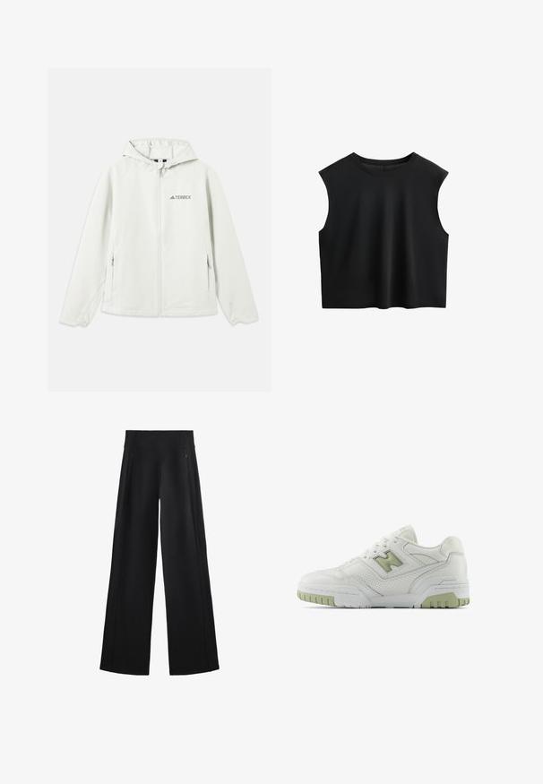 Light gray hooded jacket with a zipper, elastic cuffs, two side pockets, and the "TERREX" logo printed on the left chest. Waterproof material.; Black cropped sleeveless top made of soft, stretchy fabric with a round neck and smooth texture. Simple design, no visible fastenings or patterns.; Wide-leg black pants made of a soft fabric, featuring a high waistband and two zippered pockets, with subtle seams along the sides.; White athletic shoe with perforated leather upper, green accents, padded collar, and textured rubber sole. Chunky, retro-inspired design.