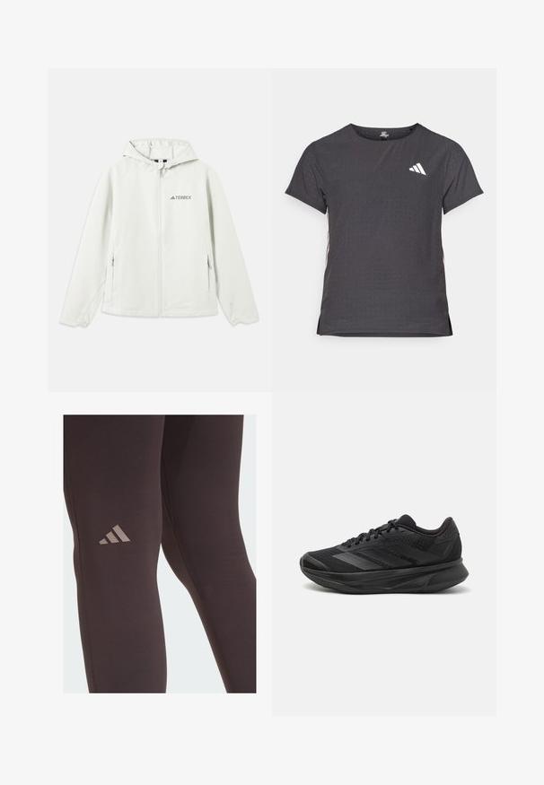 Hellgraue Kapuzenjacke mit Reißverschluss, elastischen Bündchen, zwei Seitentaschen und dem "TERREX"-Logo auf der linken Brust. Wasserabweisendes Material.; Kurze Ärmel Sport-T-Shirt, dunkelgrau mit durchbrochener Textur. Enthält ein weißes Logo und kontrastierende Seitenstreifen. Runder Ausschnitt.; Schwarze Sport-Leggings mit einer glatten Textur, die ein dezentes braunes Adidas-Logo auf dem Oberschenkel und verstärkte Nähte aufweisen.; Schwarzer Laufschuh mit einem atmungsaktiven Mesh-Obermaterial, runder Zehenpartie, schlankem Design, strukturierten Akzenten und einer gepolsterten Sohle für Komfort.