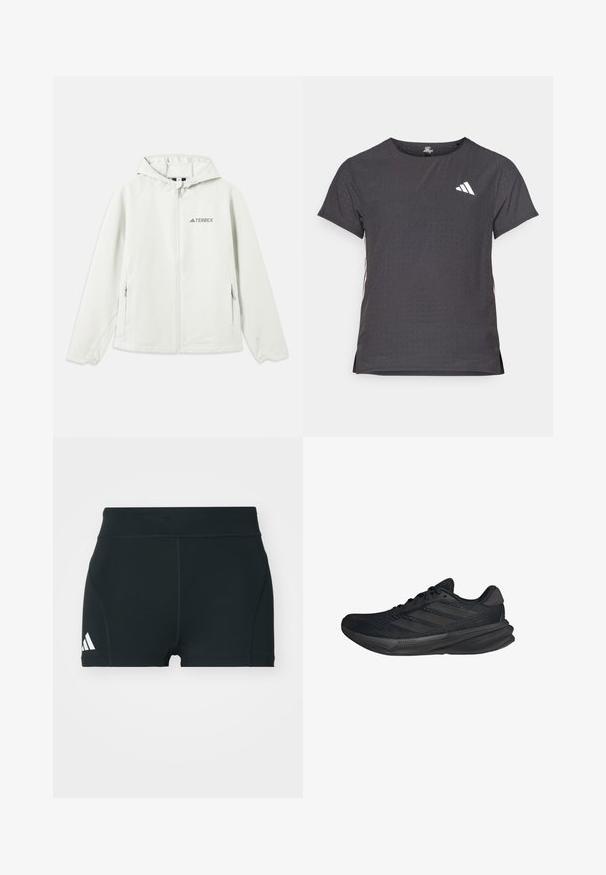 Giacca a vento grigia chiara con cappuccio, chiusura con zip, polsini elasticizzati, due tasche laterali e il logo "TERREX" stampato sul lato sinistro del petto. Materiale impermeabile.; T-shirt atletico a maniche corte, grigio scuro con texture perforata. Presenta un logo bianco e strisce laterali a contrasto. Girocollo.; Pantaloni sportivi neri realizzati in tessuto elasticizzato, con vita alta, forma aderente e logo Adidas bianco sul lato sinistro.; Scarpe sportive nere con tomaia in rete, forma aerodinamica, suola piatta e tre strisce diagonali sui lati. Design leggero per il massimo comfort.
