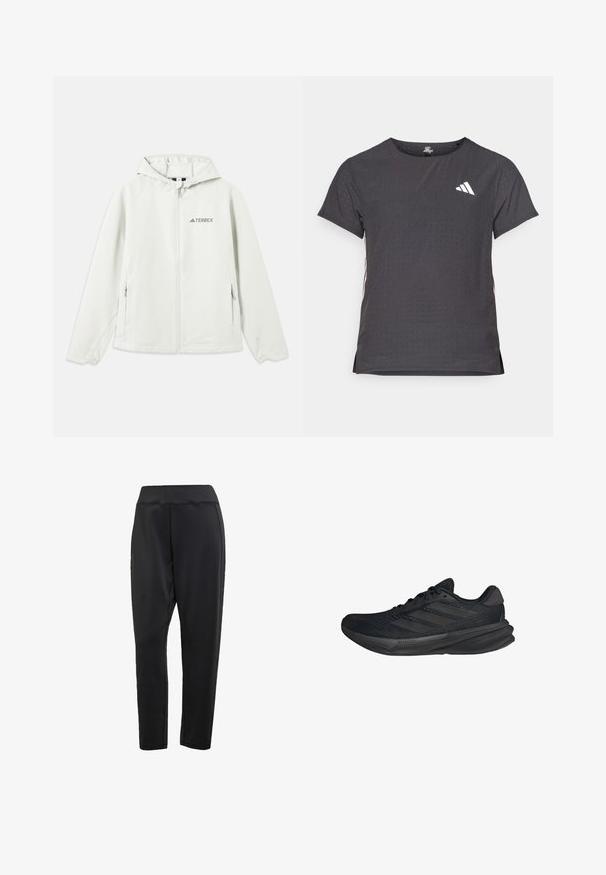 Light gray hooded jacket with a zipper, elastic cuffs, two side pockets, and the "TERREX" logo printed on the left chest. Waterproof material.; Short-sleeve athletic t-shirt, dark gray with perforated texture. Features a white logo and contrasting side stripes. Rounded neckline.; Black athletic pants in smooth, stretchy fabric; features a high waistband and tapered legs with contrasting side seams.; Black athletic shoes with a mesh upper, streamlined shape, flat sole, and three diagonal stripes on the side. Lightweight design for comfort.