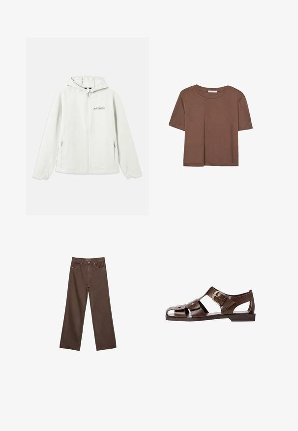 Light gray hooded jacket with a zipper, elastic cuffs, two side pockets, and the "TERREX" logo printed on the left chest. Waterproof material.; Brown short-sleeve t-shirt made of soft fabric, with a round neckline and relaxed fit. No visible patterns or accents.; Wide-leg brown jeans made of denim, featuring a high waist, front pockets, and a classic button closure. Smooth texture with subtle stitching.; Brown leather sandal featuring a cutout design, adjustable side buckle, and flat sole, with metal accents and an open toe.